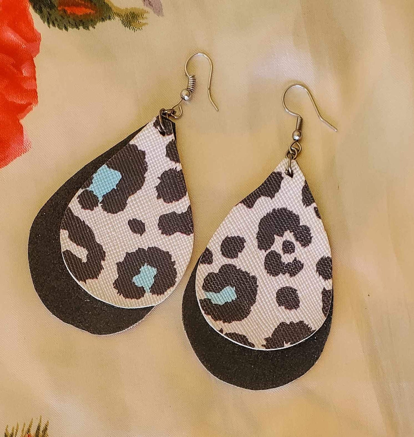 Turquoise Cheetah -Leather Teardrop Earrings